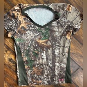 Under Armour Camo Tee - Green and Brown and Pink Logo